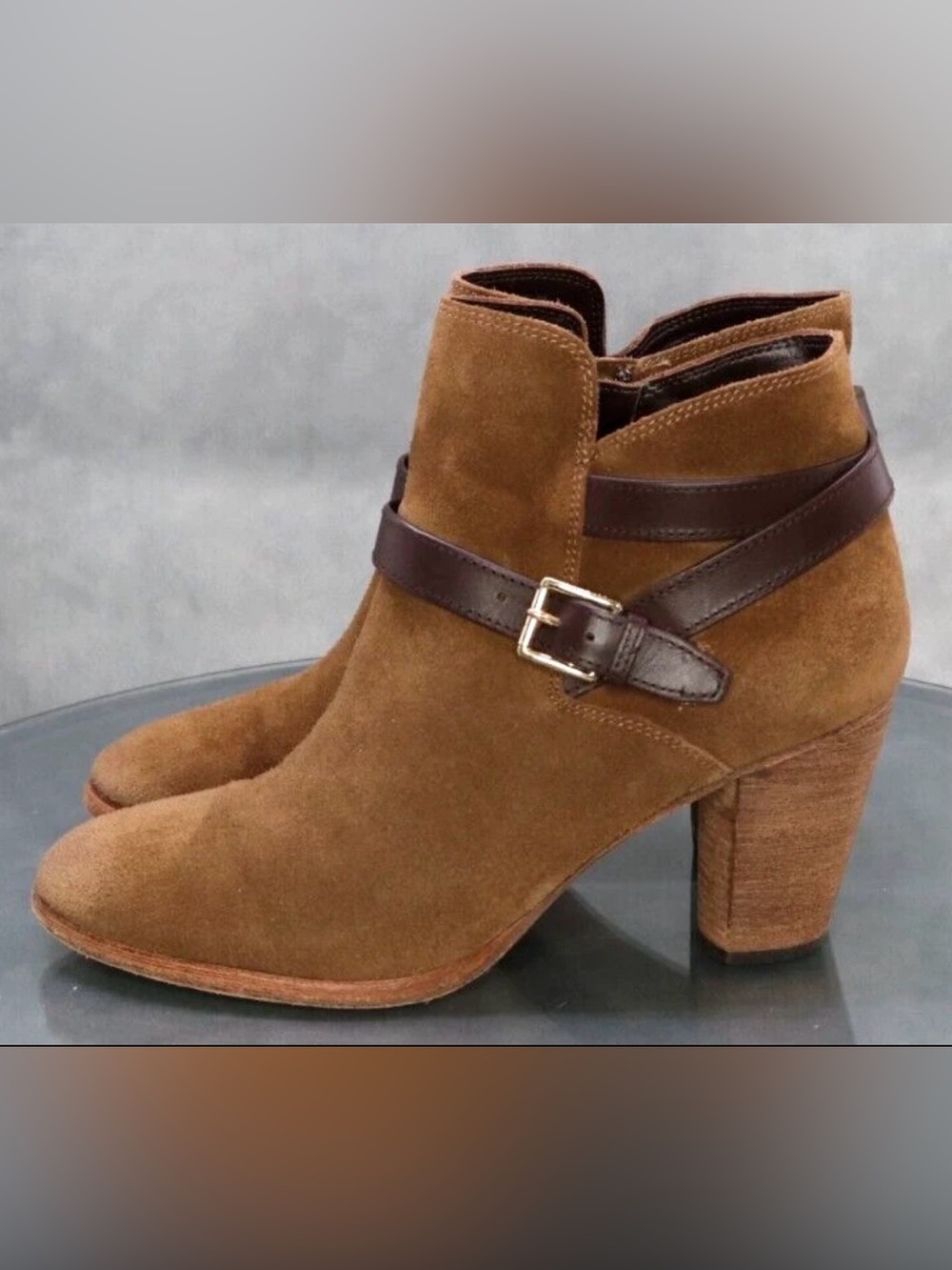 Cole Haan tan suede booties with leather strap 9.5 brown